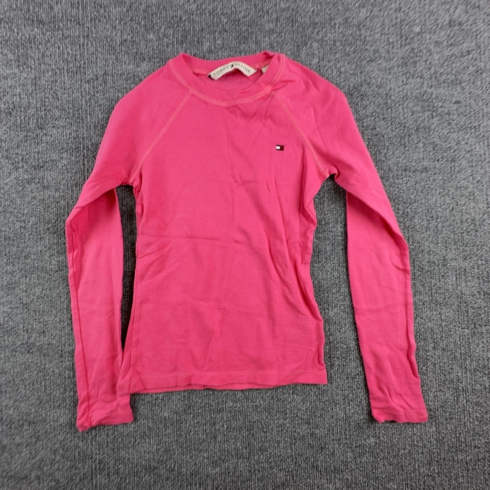 Tommy Hilfiger Shirt Womens XS Pink Logo Raglan Long Sleeve Cotton Crew Neck Top